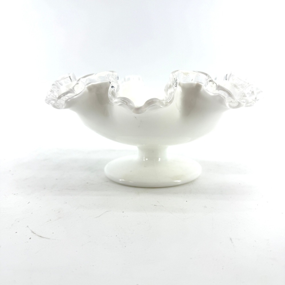 Vtg Fenton Silver Crest Milk Glass Compote Bowl Ruffled Edge Pedestal Candy Dish